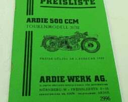Ardie 500 ccm Touren Model 1931/32 T.M. Ersatzteil Preisliste reprint.