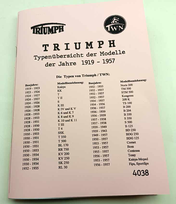 Triumph TWN typový přehled motocyklů od roku 1919 do 1957 reprint.