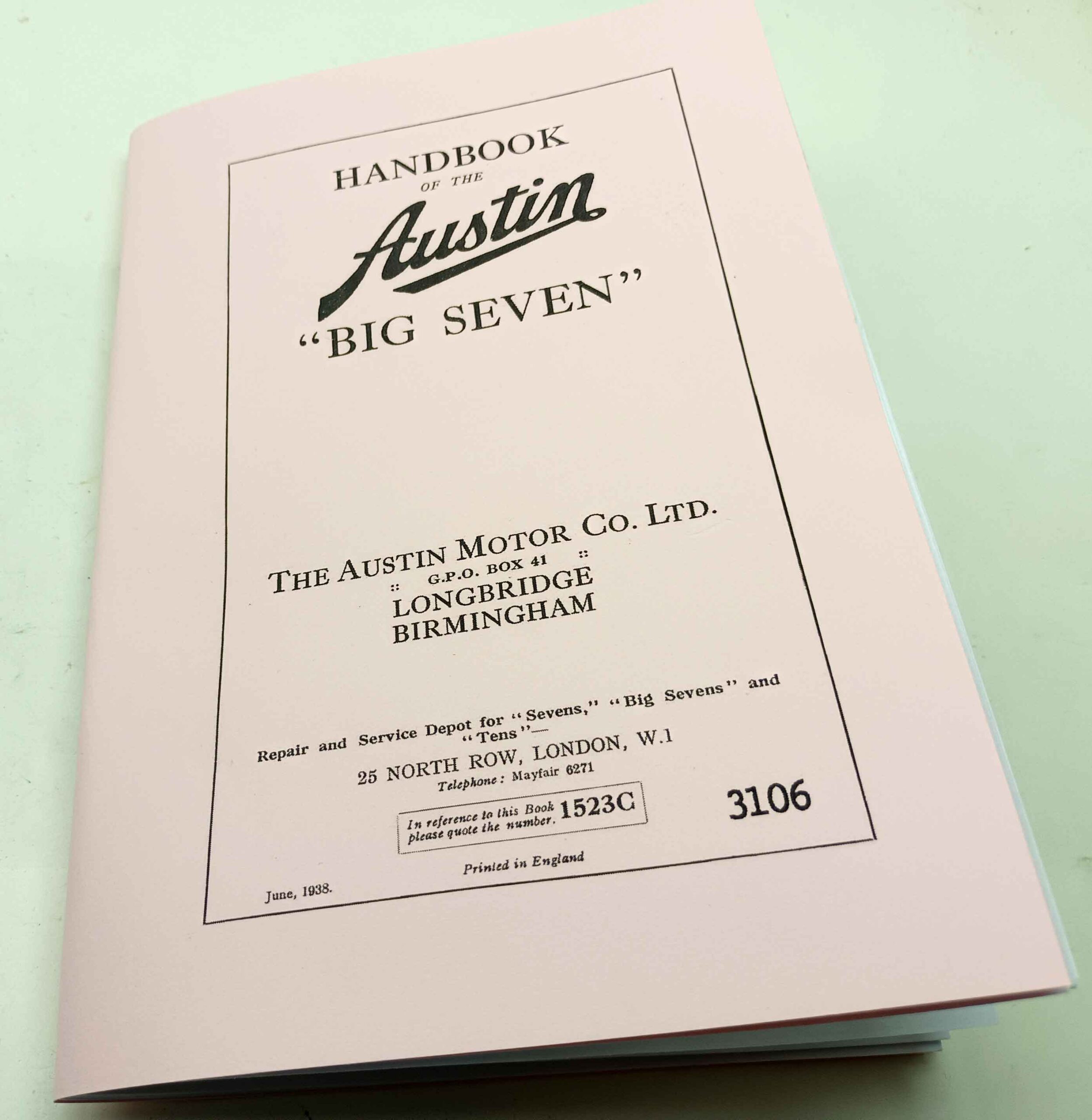 Austin "BIG SEVEN" - Handbook rok 1938 v angličtině reprint.